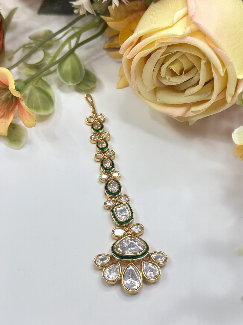 Elegant Green Kundan Maang Tikka with Clear Stones | Traditional Bridal Jewelry - Libasaa.com