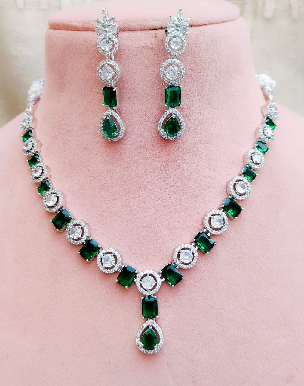 Bollywood Inspired AD Necklace Set with Silver Finish for Wedding and Engagement Jewelry - Libasaa.com