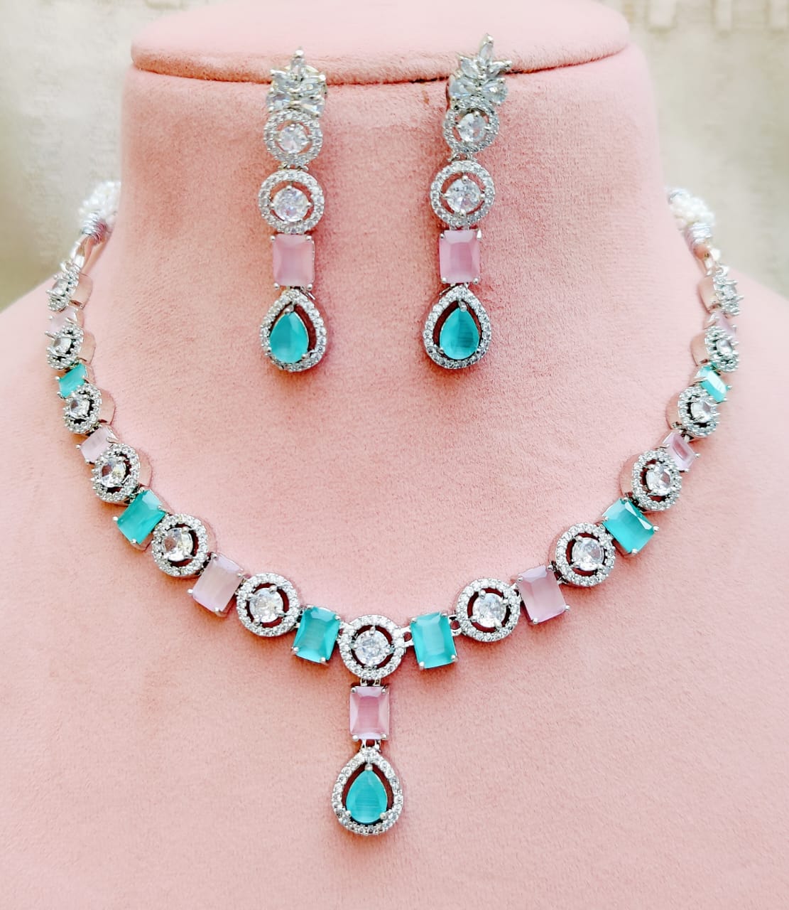 Bollywood Inspired AD Necklace Set with Silver Finish for Wedding and Engagement Jewelry - Libasaa.com