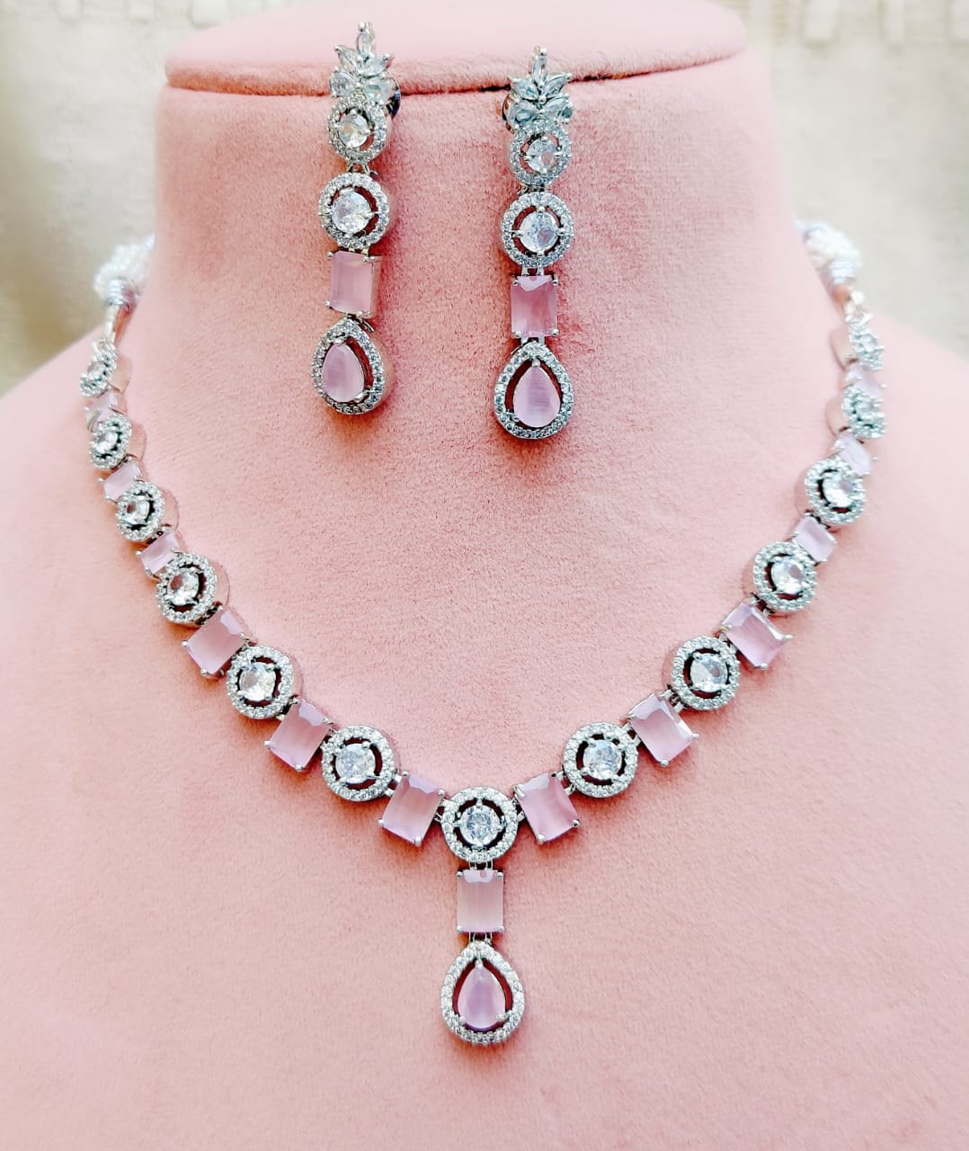 Bollywood Inspired AD Necklace Set with Silver Finish for Wedding and Engagement Jewelry - Libasaa.com