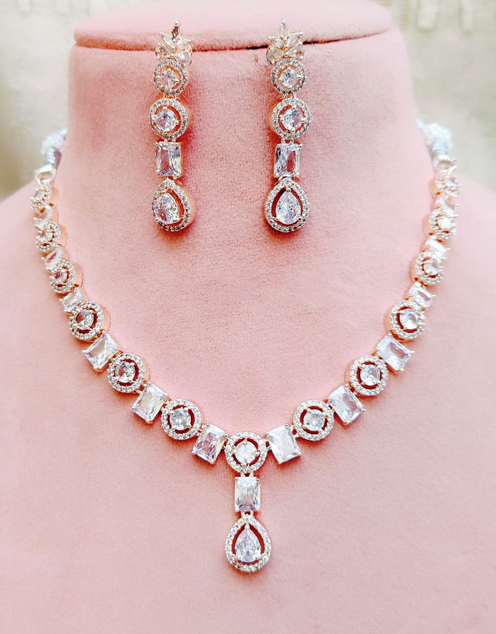 Bollywood Inspired AD Necklace Set with Silver Finish for Wedding and Engagement Jewelry - Libasaa.com
