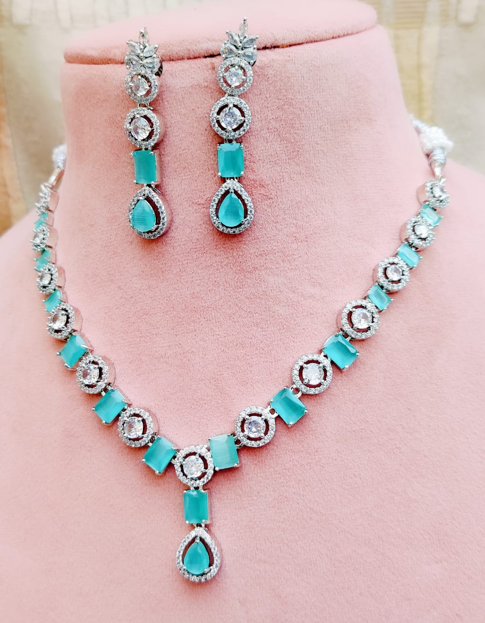 Bollywood Inspired AD Necklace Set with Silver Finish for Wedding and Engagement Jewelry - Libasaa.com