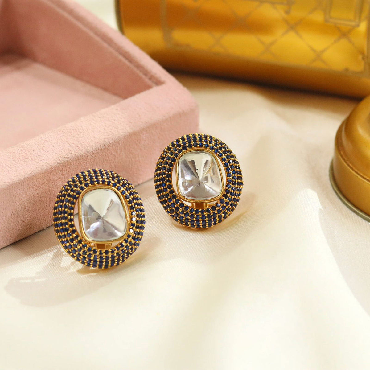 Handcrafted Wedding Earrings with Blue Stone and Intricate Crystal Work - Libasaa.com