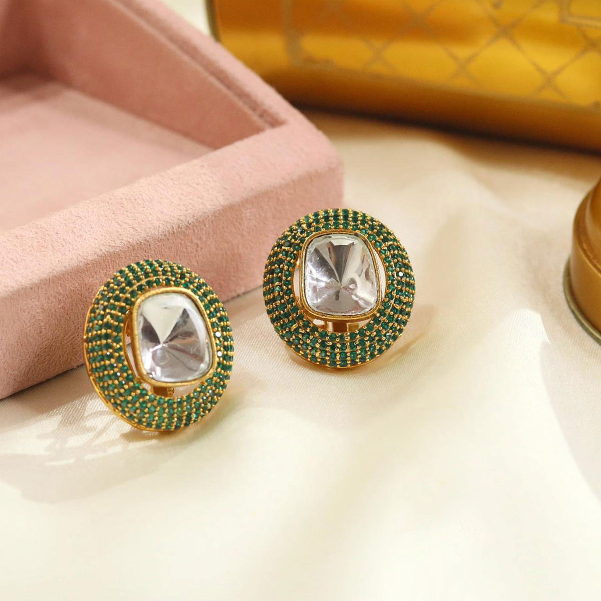 Handcrafted Wedding Earrings with Blue Stone and Intricate Crystal Work - Libasaa.com