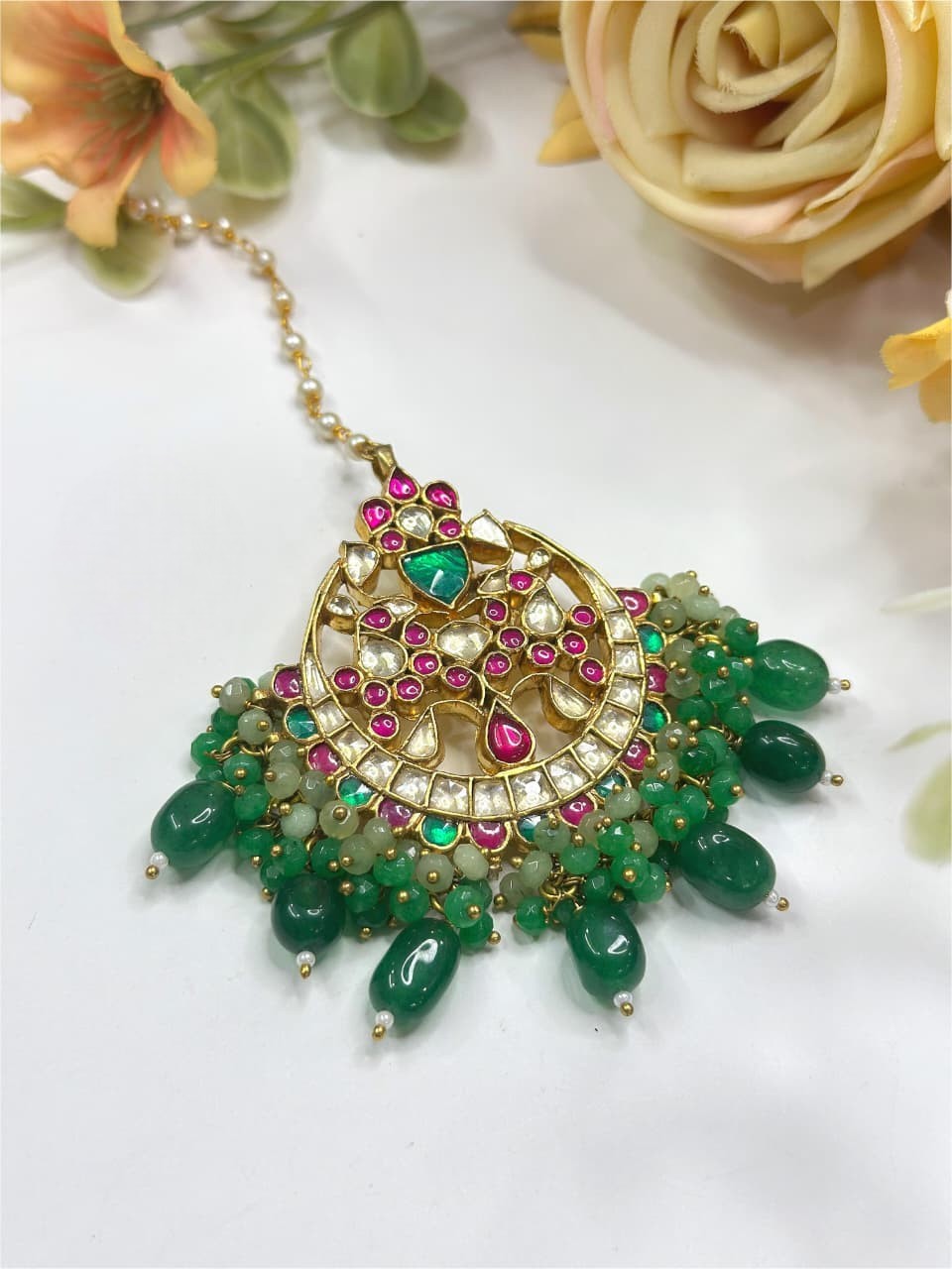 Gold-Plated Kundan Maang Tikka with Pink, Green & Emerald Beads – Statement Bridal Headpiece - Libasaa.com