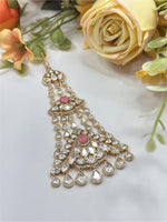 Grand Kundan Maang Tikka with Pink Center Stone & Layered Teardrop Crystals – Bridal Statement Jewelry - Libasaa.com