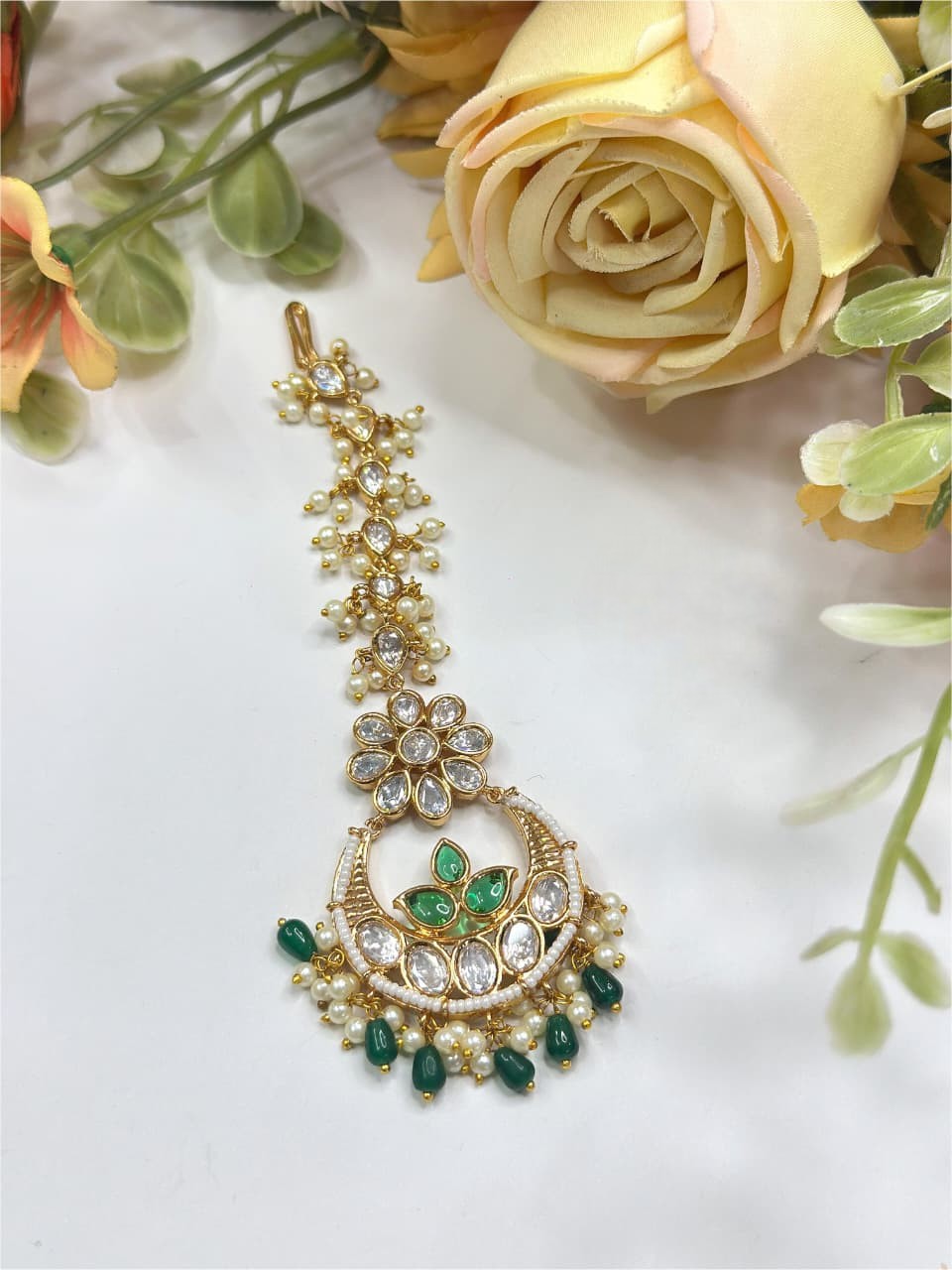 Floral Kundan Maang Tikka with Green Enamel Leaf & Pearl Beads – Elegant Ethnic Headpiece - Libasaa.com