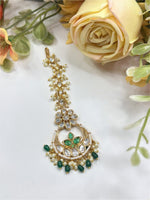 Floral Kundan Maang Tikka with Green Enamel Leaf & Pearl Beads – Elegant Ethnic Headpiece - Libasaa.com