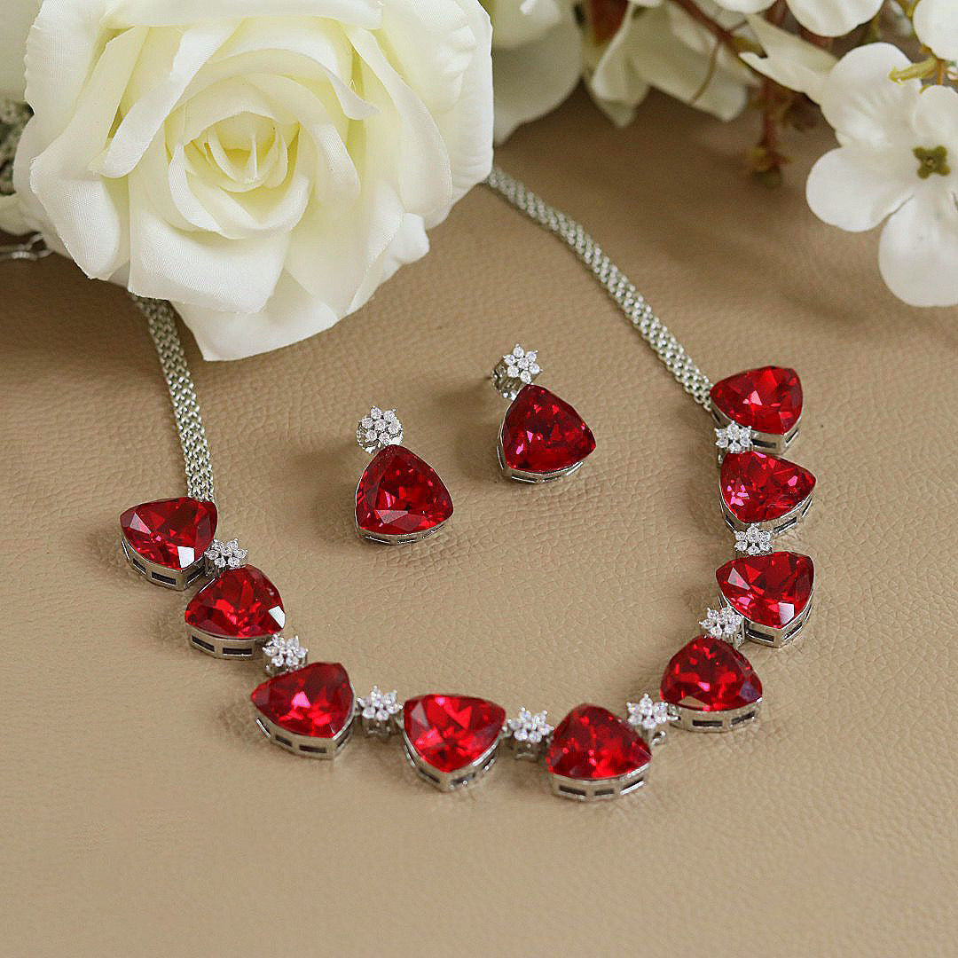 Trilliant Shape Bridal Engagement Necklace Earrings Set Exclusive for High Class Occasions For Women - Libasaa.com