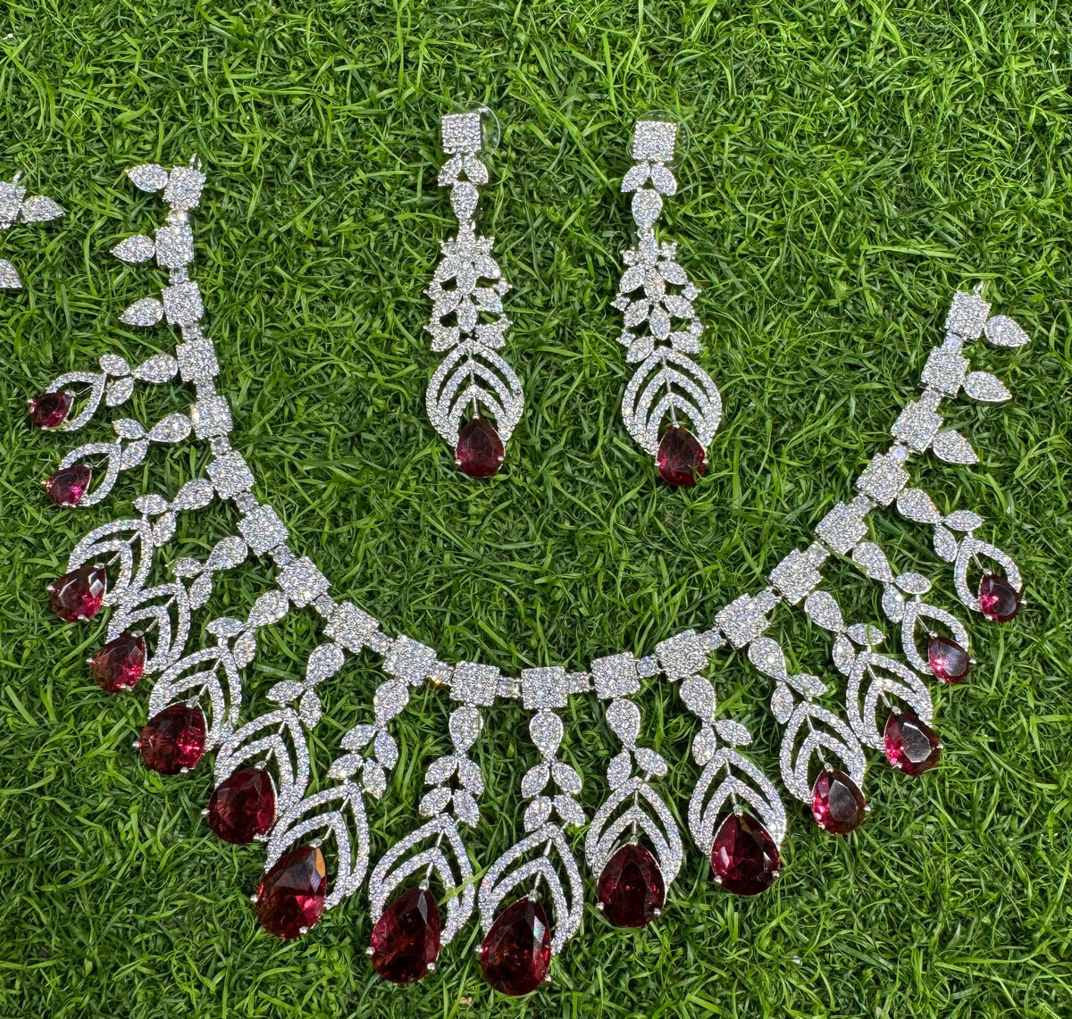 Elegant Handmade AD Necklace Earrings Crafted Just for Bridal with Artistic Precision And Perfct American Diamond CZ Necklace - Libasaa.com
