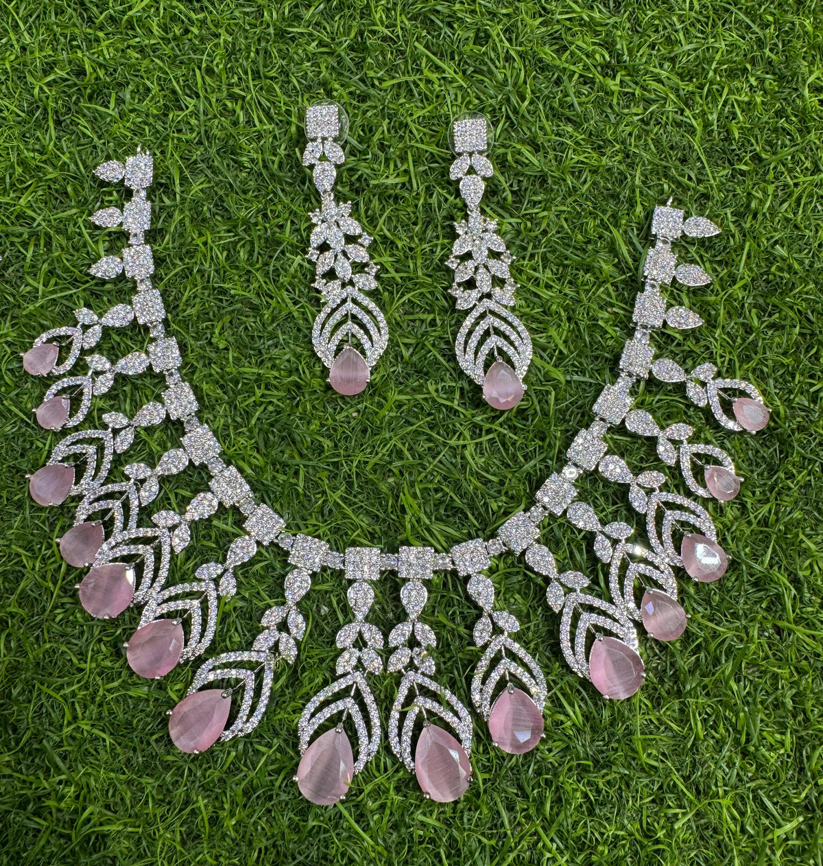 Elegant Handmade AD Necklace Earrings Crafted Just for Bridal with Artistic Precision And Perfct American Diamond CZ Necklace - Libasaa.com