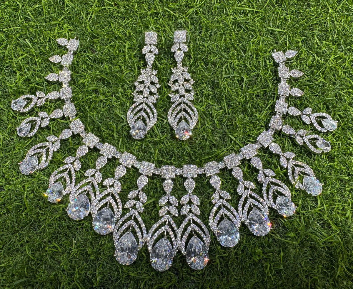 Elegant Handmade AD Necklace Earrings Crafted Just for Bridal with Artistic Precision And Perfct American Diamond CZ Necklace - Libasaa.com