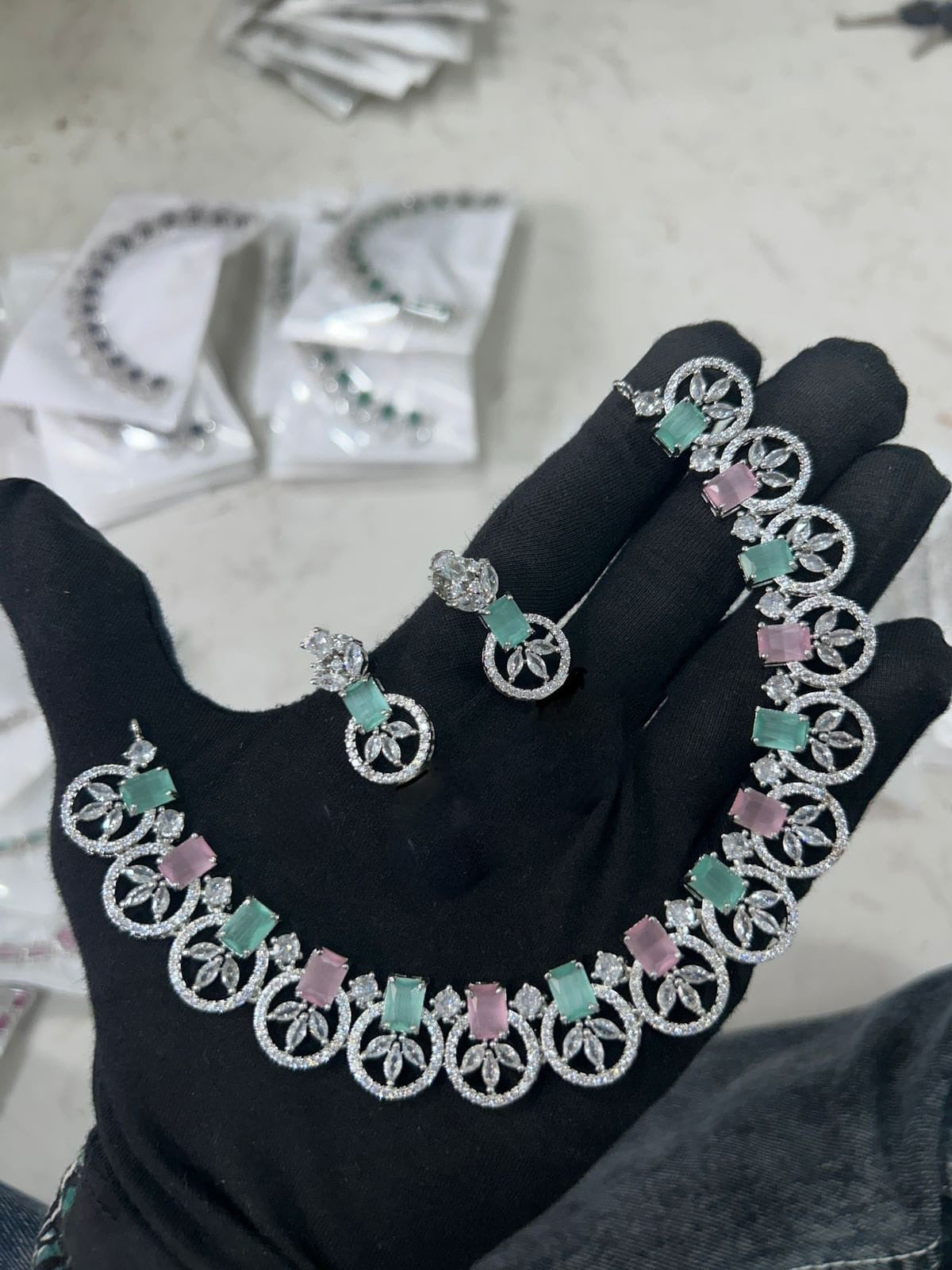 Crafted Bridal AD Necklace Earrings with American Diamond CZ for Elegant Wedding Glamour And Perfection - Libasaa.com