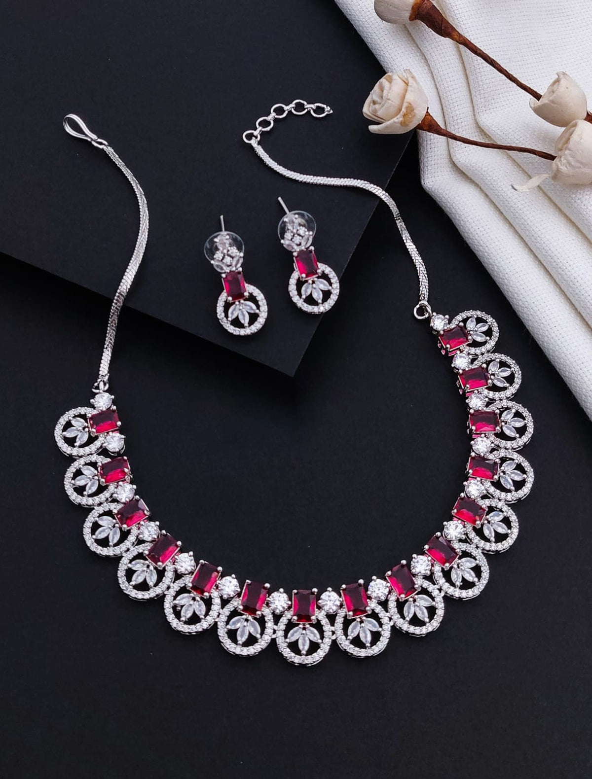 Exquisite Indian AD Necklace Earrings Handmade with Perfect American Diamond CZ Craftsmanship - Libasaa.com