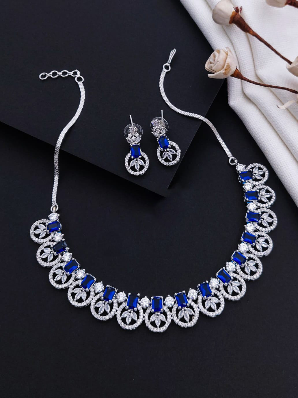 Exquisite Indian AD Necklace Earrings Handmade with Perfect American Diamond CZ Craftsmanship - Libasaa.com