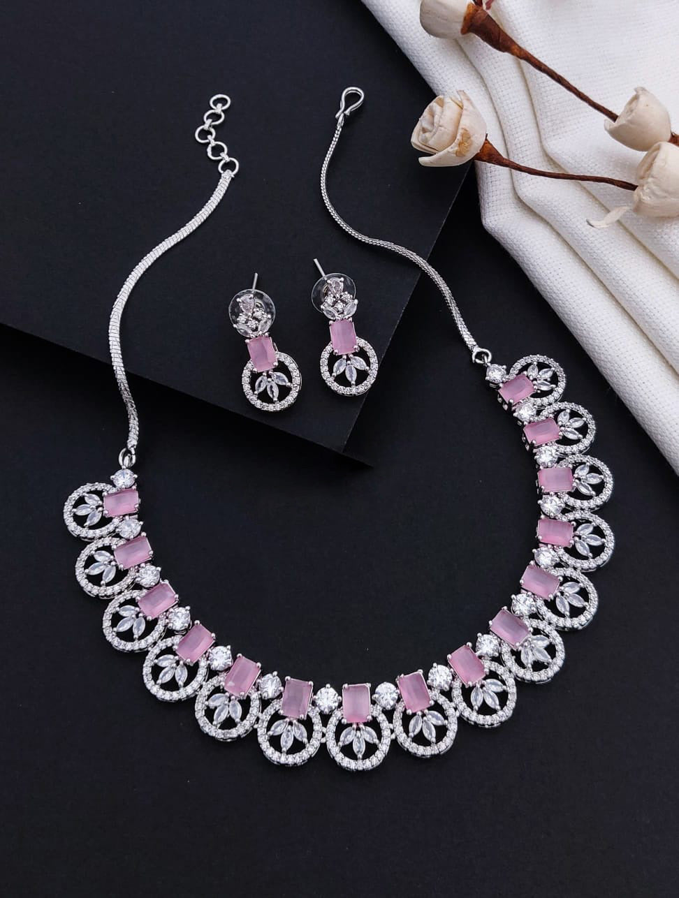 Exquisite Indian AD Necklace Earrings Handmade with Perfect American Diamond CZ Craftsmanship - Libasaa.com