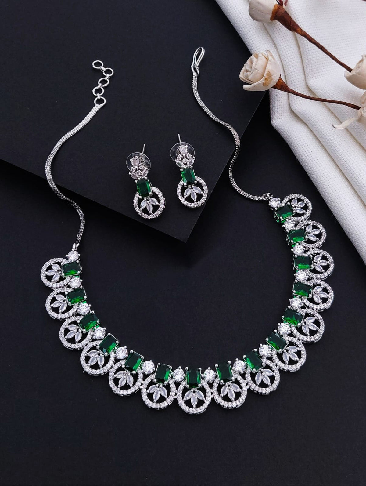 Exquisite Indian AD Necklace Earrings Handmade with Perfect American Diamond CZ Craftsmanship - Libasaa.com
