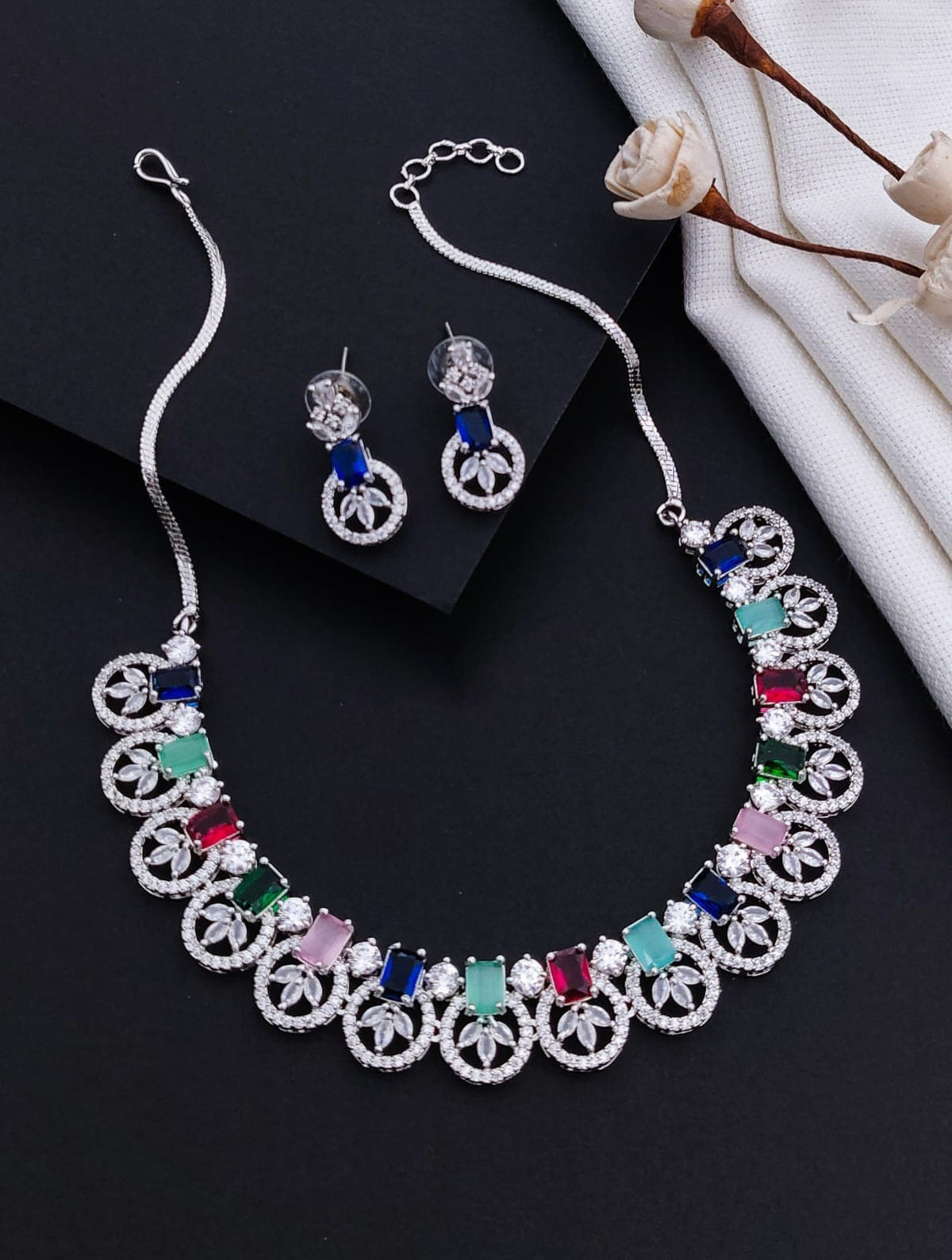 Exquisite Indian AD Necklace Earrings Handmade with Perfect American Diamond CZ Craftsmanship - Libasaa.com