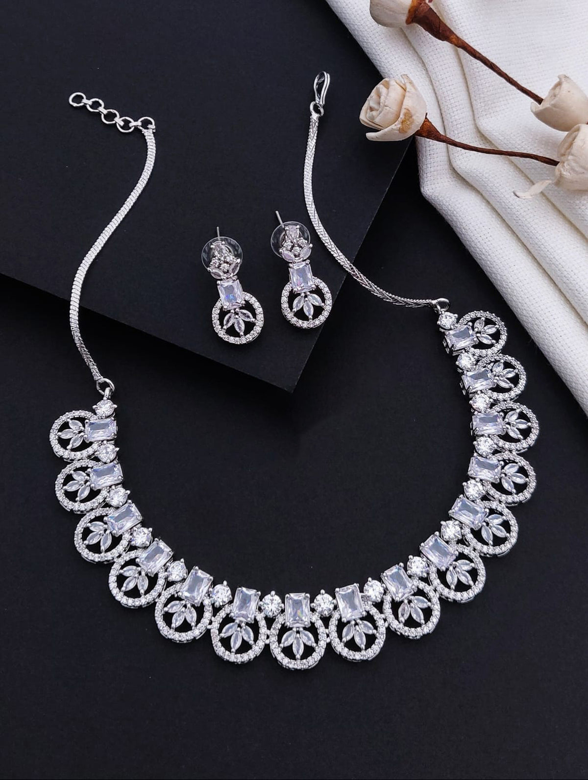 Exquisite Indian AD Necklace Earrings Handmade with Perfect American Diamond CZ Craftsmanship - Libasaa.com