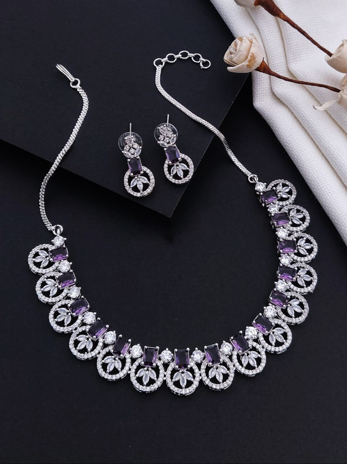 Exquisite Indian AD Necklace Earrings Handmade with Perfect American Diamond CZ Craftsmanship - Libasaa.com