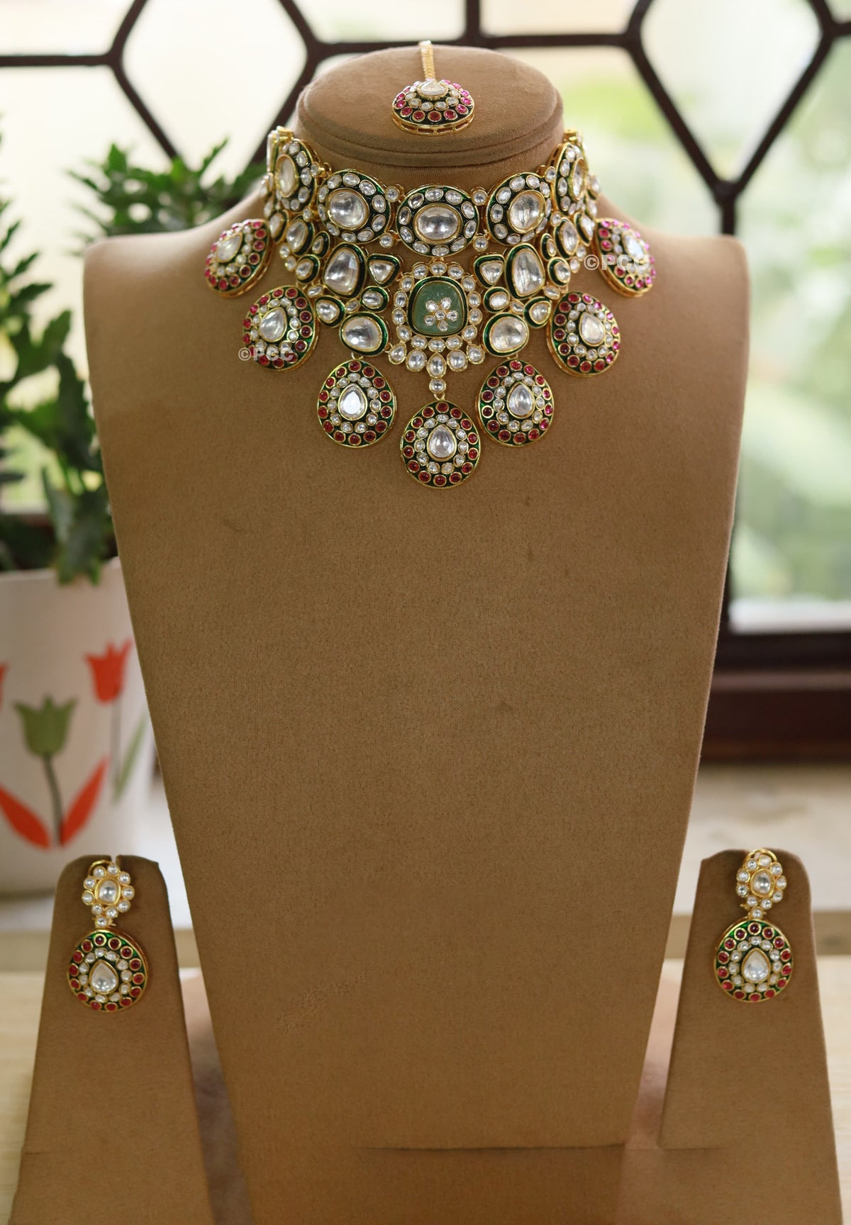 Pear Shape Bridal AD Jewelry set with Kundan Maangtika Necklace And Earrings Featuring Gemstone Accents - Libasaa.com