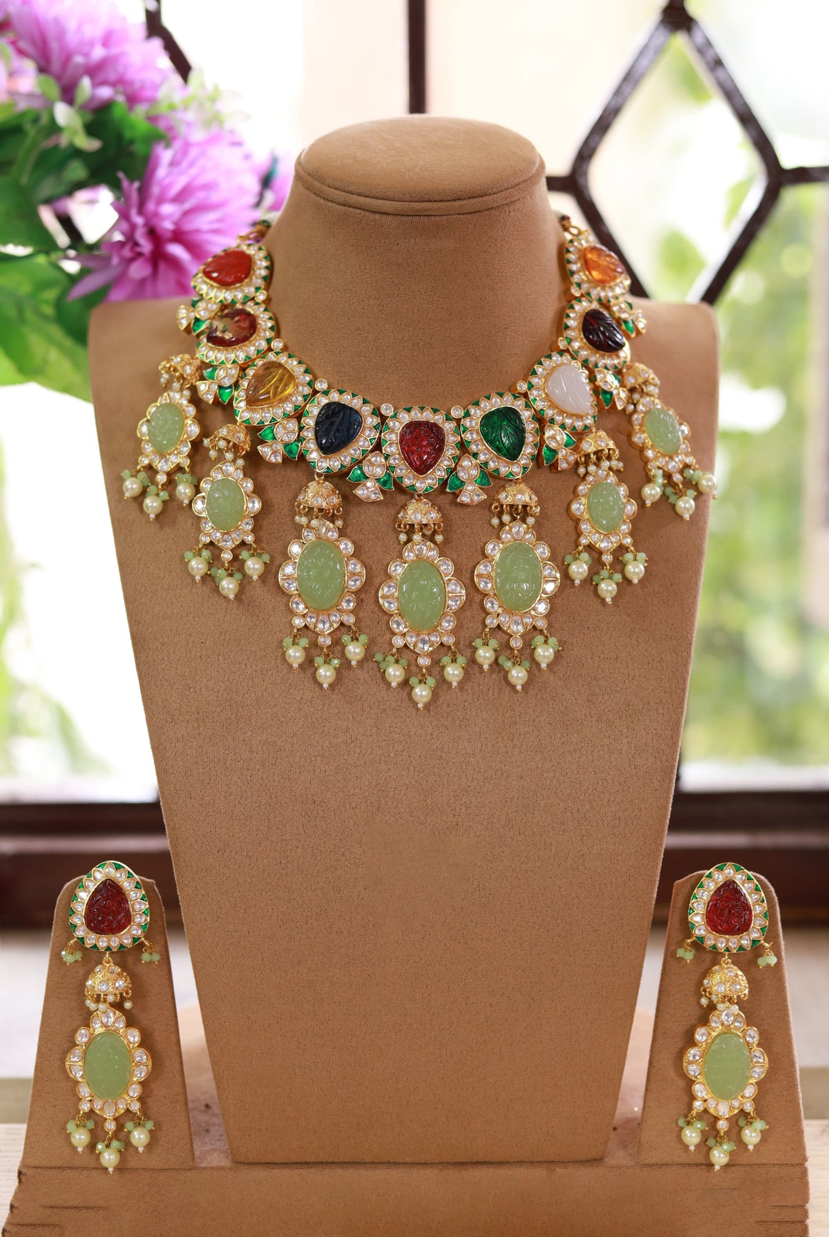 Pakistani AD Heart And Oval Shape Necklace Earrings Stunning and Stylish for a Beautiful Bridal Look - Libasaa.com