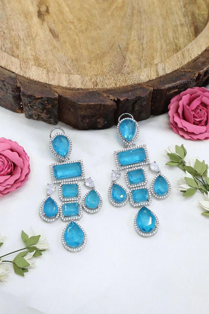 Chandelier Style Teardrops Stone Shape Earrings Of Cobalt Blue With Craftsmanship For Luxurious and Ornate Look. - Libasaa.com