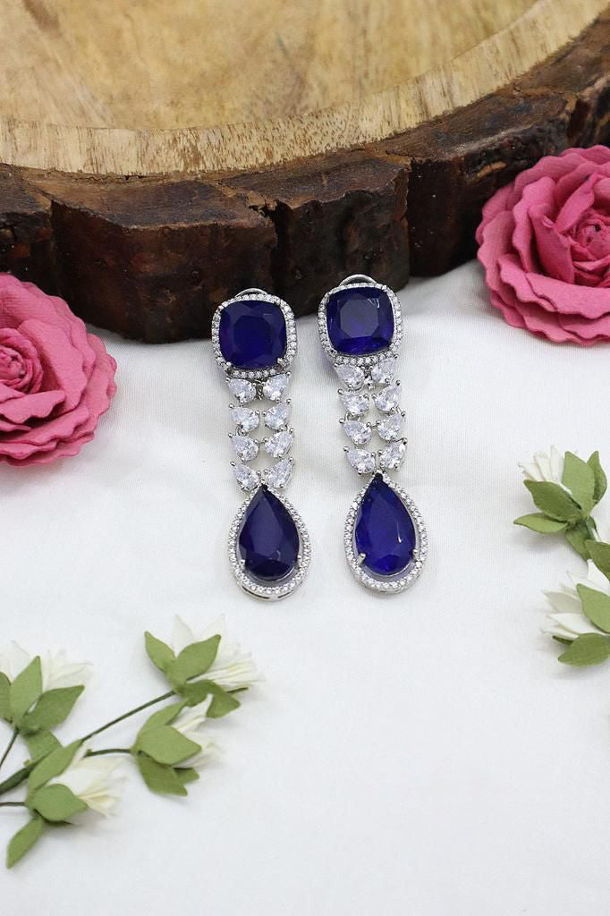 Luxury Gemstone Earrings Rectangular Oval Stones Silver Finish Ethnic Party Jewelry Elegant Statement Wear For Women - Libasaa.com