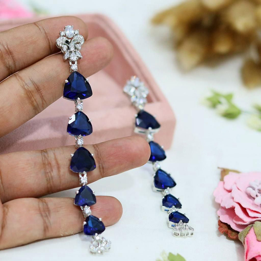 Raindrop Blue Linear Earrings With Midnight Multi Shaped CZ American Diamond Bridal Earrings From India - Libasaa.com