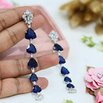 Raindrop Blue Linear Earrings With Midnight Multi Shaped CZ American Diamond Bridal Earrings From India - Libasaa.com