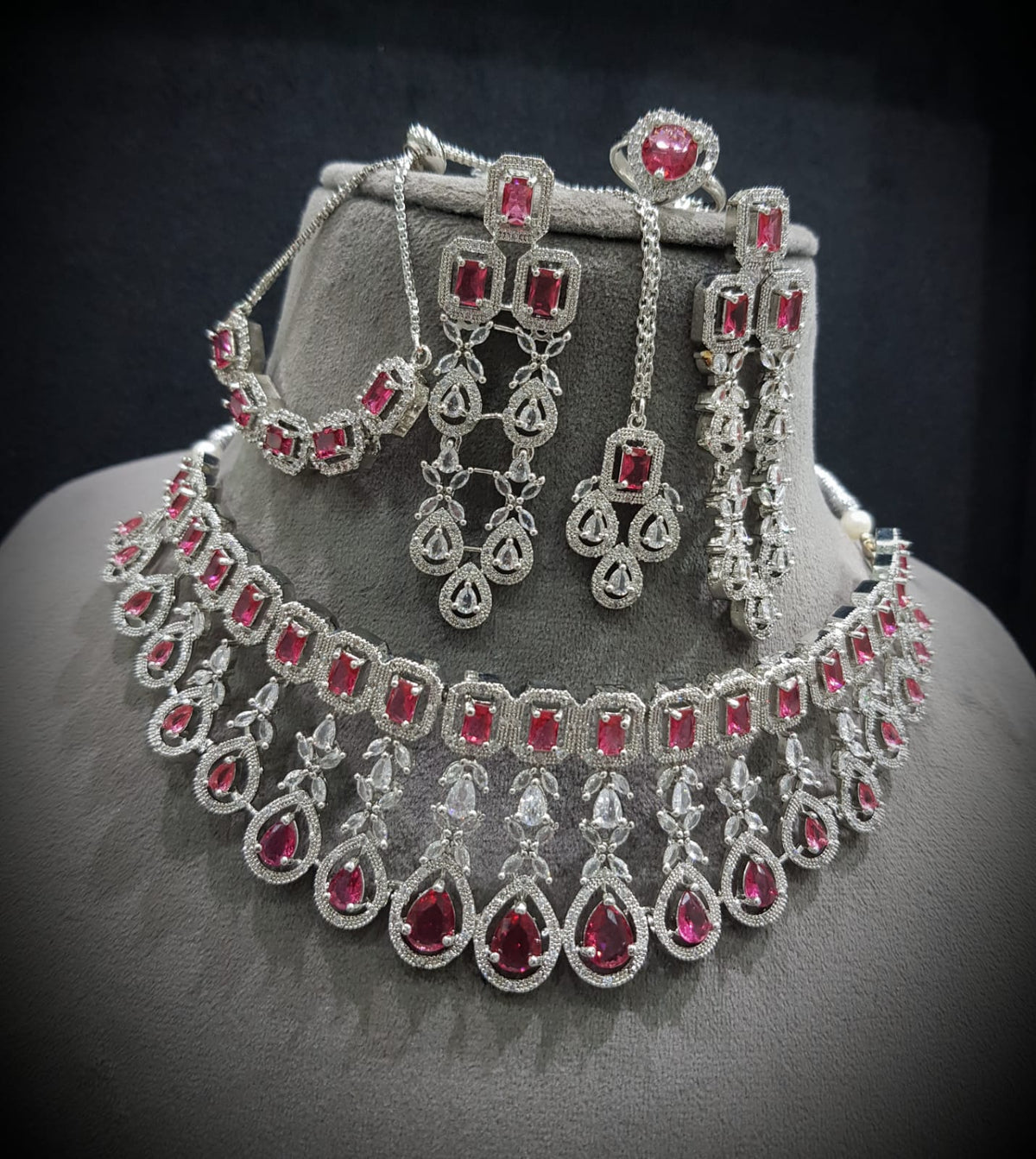 AD Choker Necklace Earrings Bracelet Ring for Special Occasions With Creates Coordinated look For Bridal - Libasaa.com