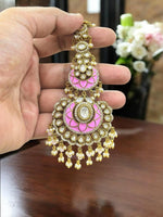 Graceful pink and gold-plated kundan maang tikka adorned with pearls, perfect for bridal and festive looks - Libasaa.com