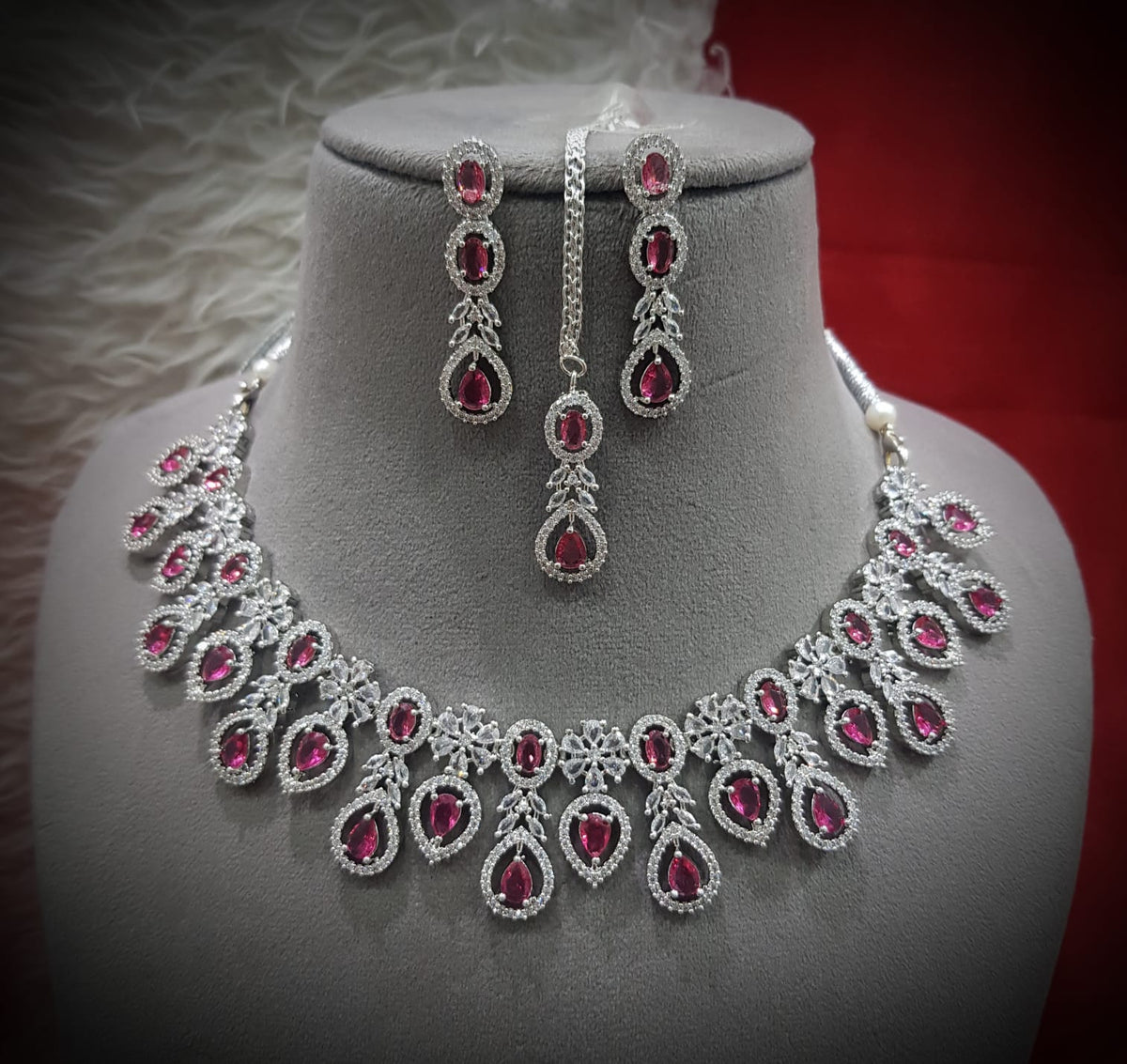 Teardrop American Diamond Pear Shape Inspired Necklace Earrings Set With Maang Tika design elements Look Luxurious - Libasaa.com