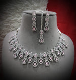 Teardrop American Diamond Pear Shape Inspired Necklace Earrings Set With Maang Tika design elements Look Luxurious - Libasaa.com