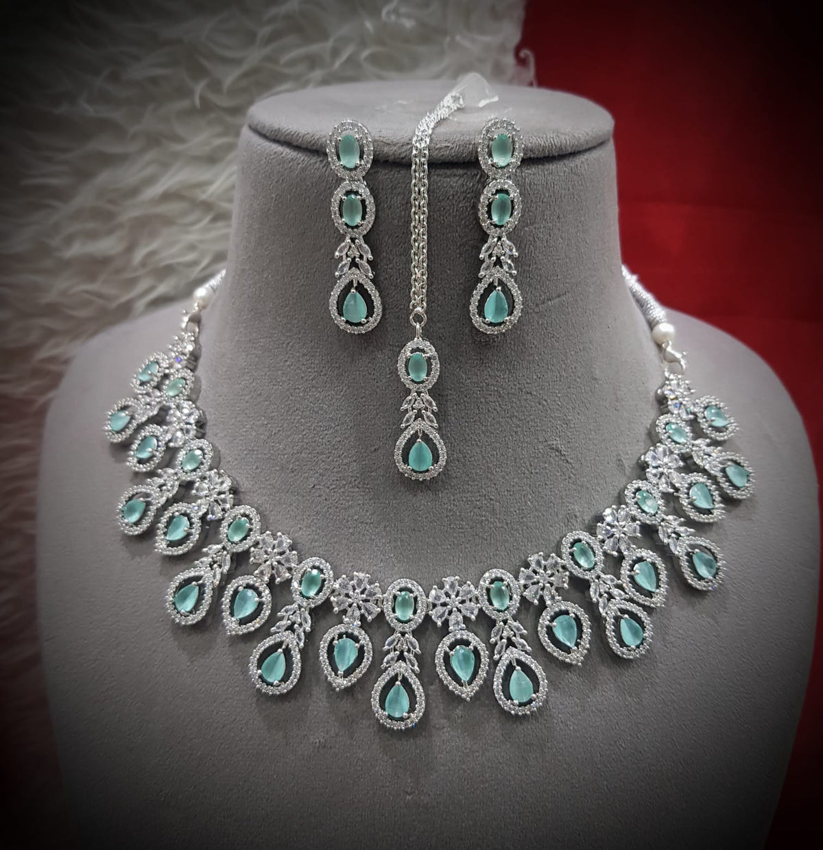 Teardrop American Diamond Pear Shape Inspired Necklace Earrings Set With Maang Tika design elements Look Luxurious - Libasaa.com