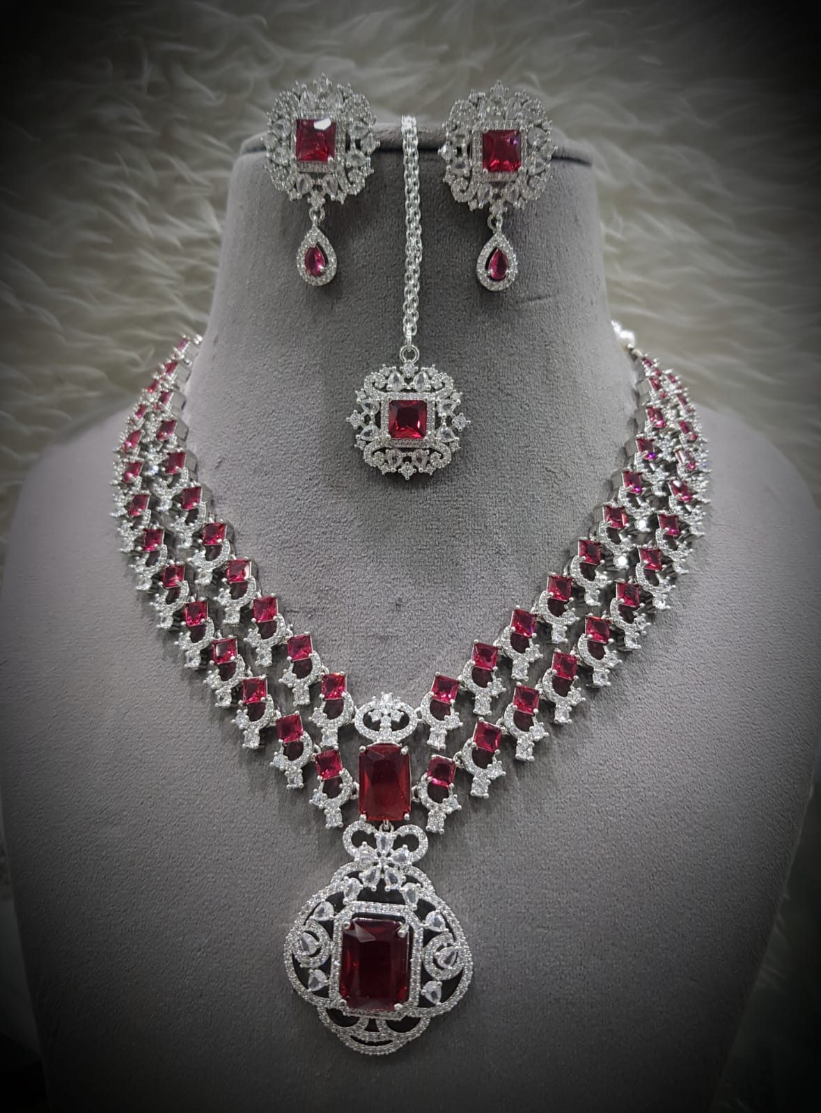 Bridal CZ Necklace Set Earrings Maang Tikka Indian Wedding Jewelry Statement Ethnic Fashion Accessories - Libasaa.com