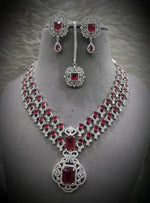 Bridal CZ Necklace Set Earrings Maang Tikka Indian Wedding Jewelry Statement Ethnic Fashion Accessories - Libasaa.com