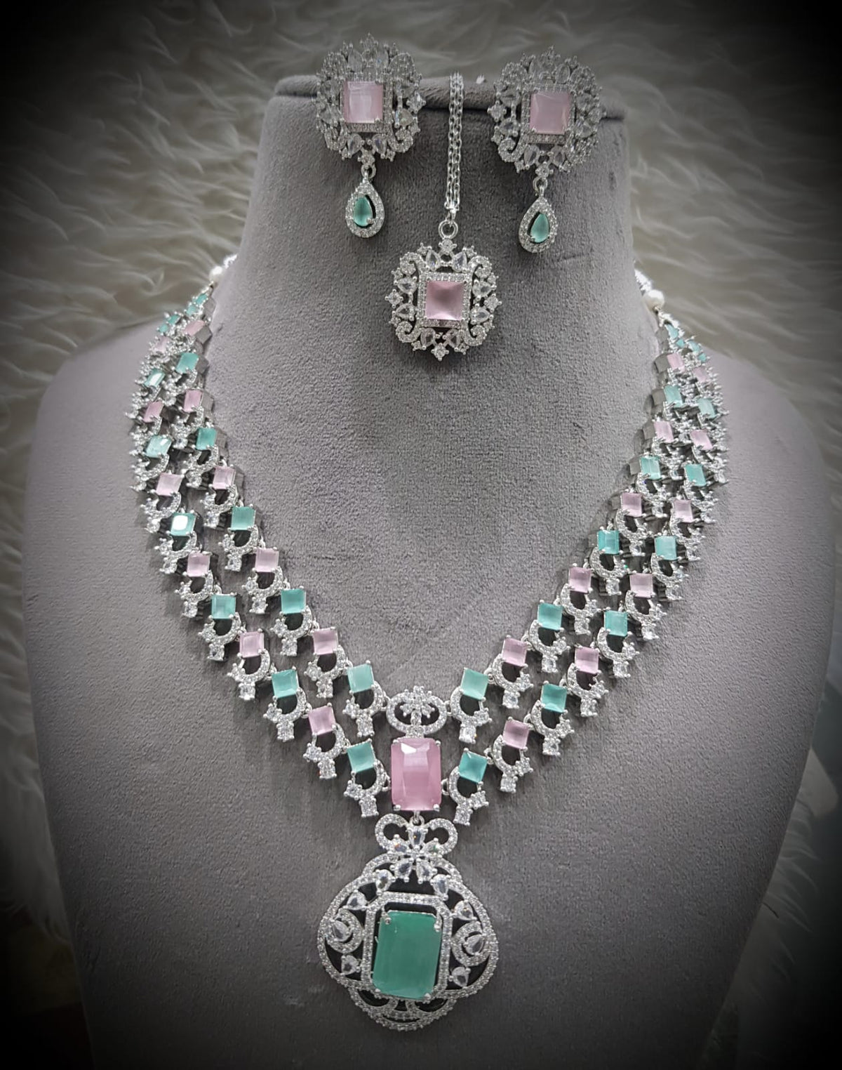 Bridal CZ Necklace Set Earrings Maang Tikka Indian Wedding Jewelry Statement Ethnic Fashion Accessories - Libasaa.com