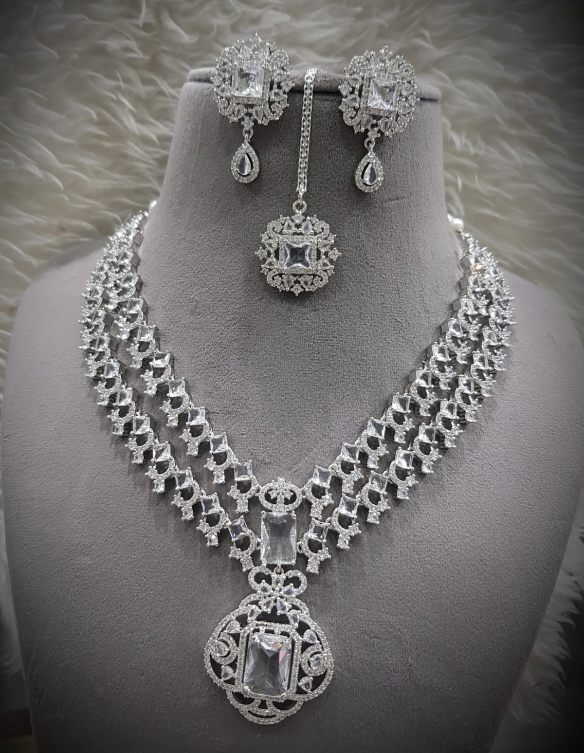 Bridal CZ Necklace Set Earrings Maang Tikka Indian Wedding Jewelry Statement Ethnic Fashion Accessories - Libasaa.com