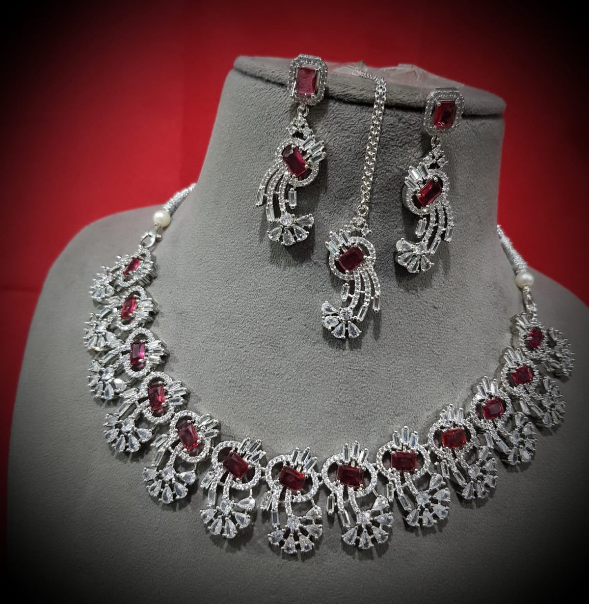 Indian Pastel Necklace Earrings Maang Tikka Set Bridal Jewelry Floral Ethnic Wedding Traditional Chic Fashion Elements. - Libasaa.com