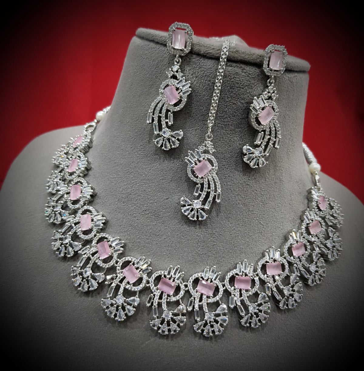 Indian Pastel Necklace Earrings Maang Tikka Set Bridal Jewelry Floral Ethnic Wedding Traditional Chic Fashion Elements. - Libasaa.com