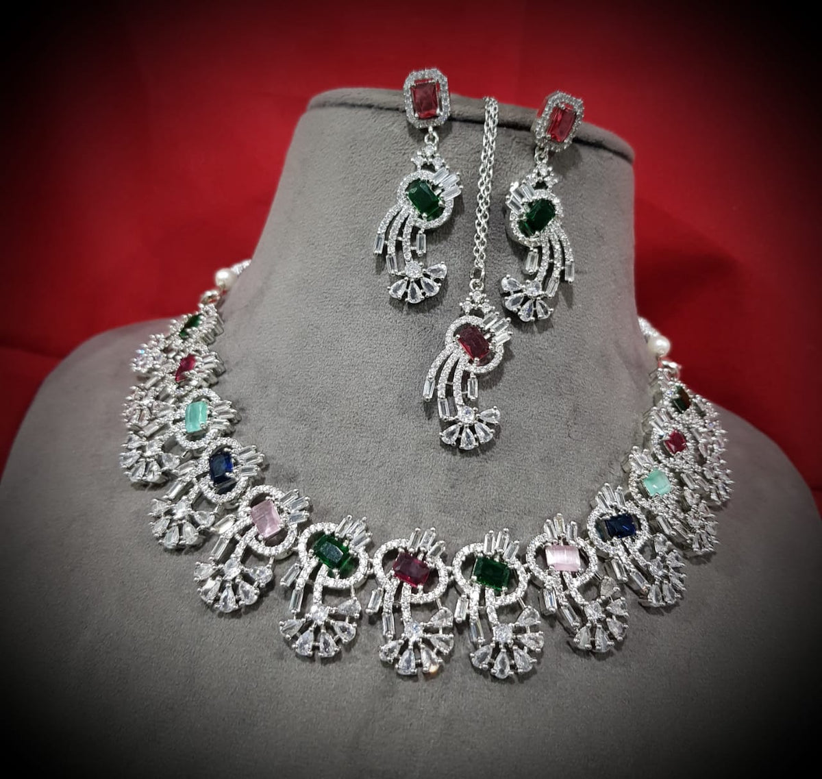 Indian Pastel Necklace Earrings Maang Tikka Set Bridal Jewelry Floral Ethnic Wedding Traditional Chic Fashion Elements. - Libasaa.com