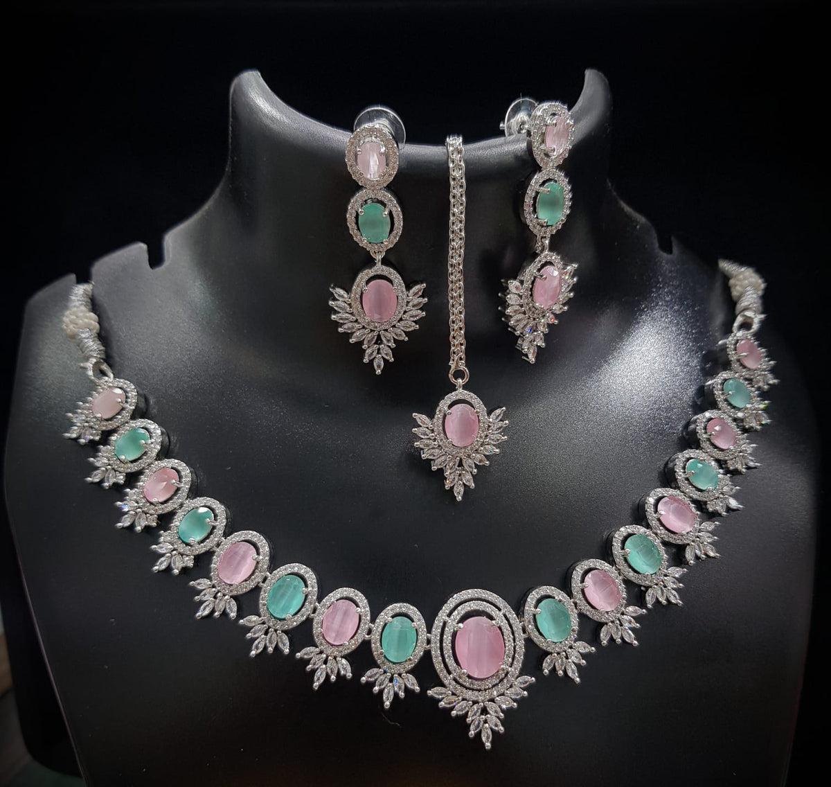 Bridal Floral Necklace Earrings Set American Diamond Jewelry Ethnic Fashion Accents With AdornedStatement - Libasaa.com