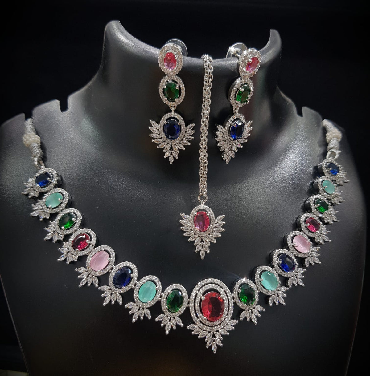 Bridal Floral Necklace Earrings Set American Diamond Jewelry Ethnic Fashion Accents With AdornedStatement - Libasaa.com