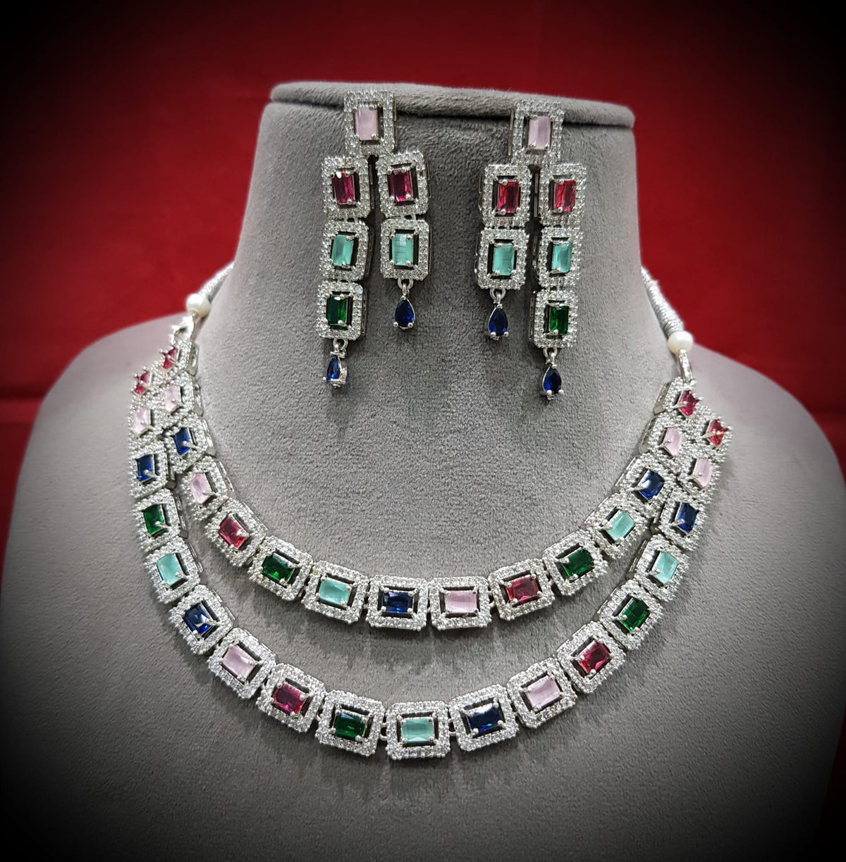 Layered Luxury Stunning Necklace Set Delicate American Diamond and Gemstone Design For Women - Libasaa.com