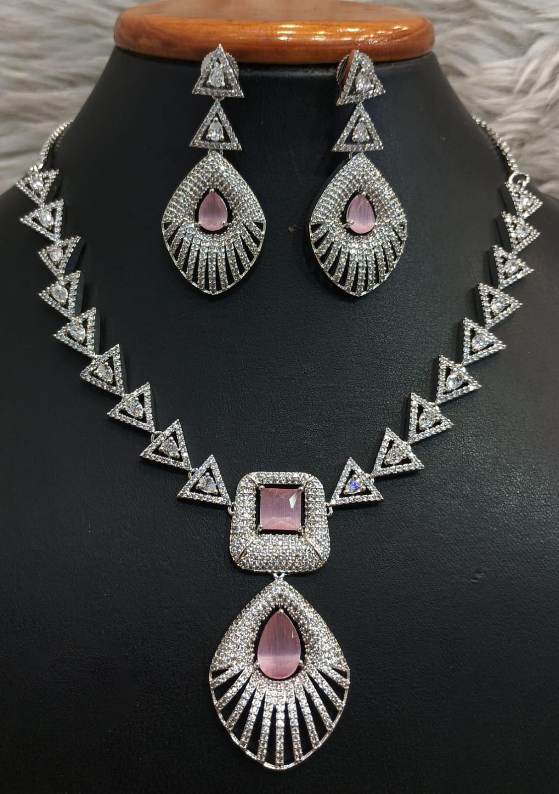 Geometric Triangular Design Necklace Earrings Set Sparkling Stones Teardrop Pendant For Classic And Modern Occasions - Libasaa.com