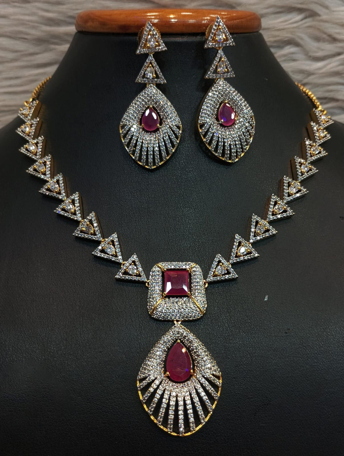 Geometric Triangular Design Necklace Earrings Set Sparkling Stones Teardrop Pendant For Classic And Modern Occasions - Libasaa.com