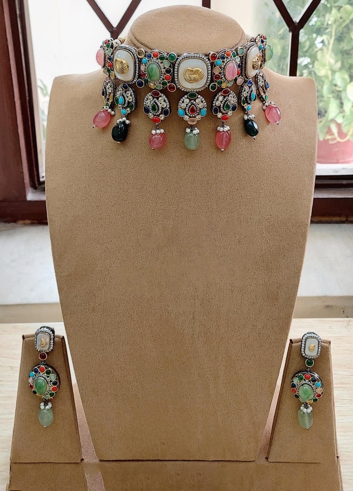 Multicolor Choker Necklace Earrings Set Perfect Bollywood Statement Indian Bridal Weddings Set - Libasaa.com