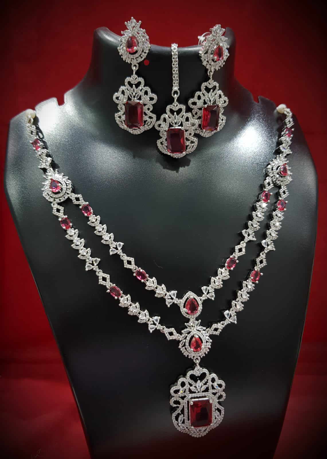 Modern Elegance American Diamond Necklace Pearl Earrings Maangtika Bollywood Model Inspired - Libasaa.com