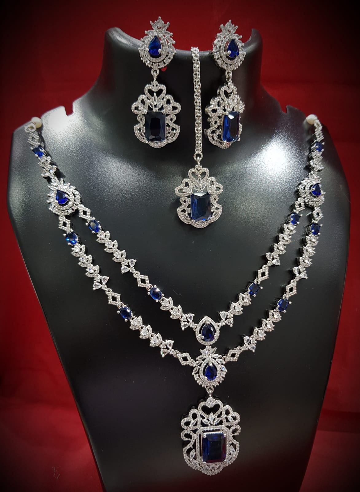 Modern Elegance American Diamond Necklace Pearl Earrings Maangtika Bollywood Model Inspired - Libasaa.com